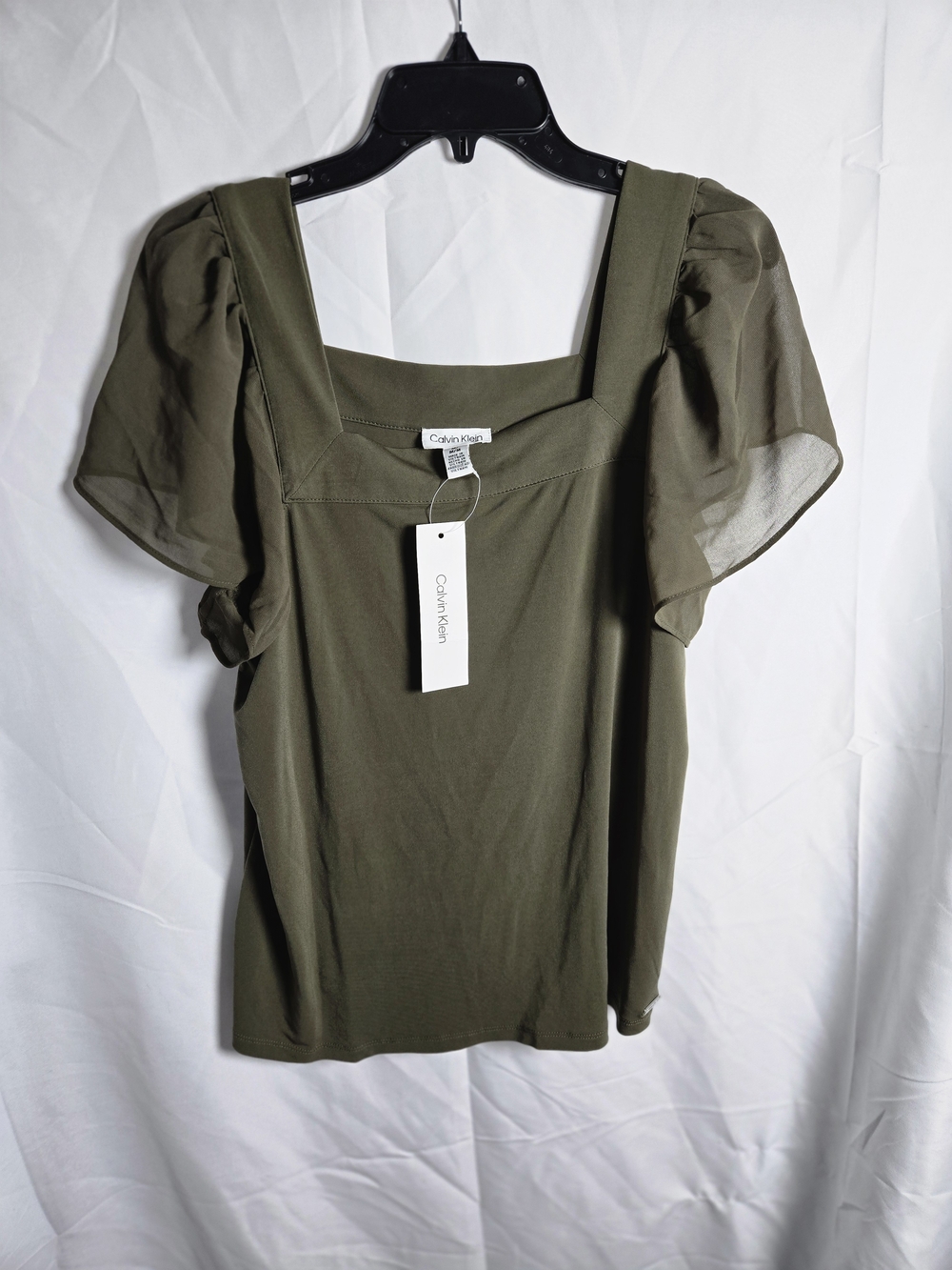 Calvin Klein Olive Square-Neck Puff Sleeve Top